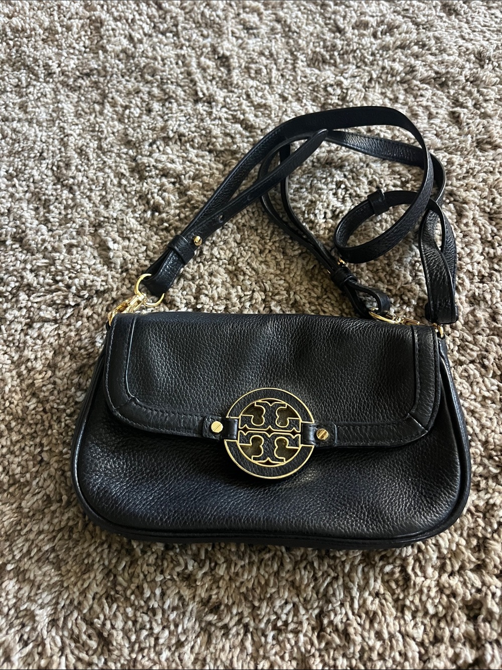 Tory Burch Amanda Black Pebbled Leather Mini Crossbody with Gold Logo